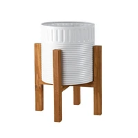 Metal Round Planters with Wood Stand, Metal Planters with Stand