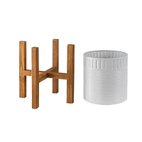 Metal Round Planters with Wood Stand, Metal Planters with Stand