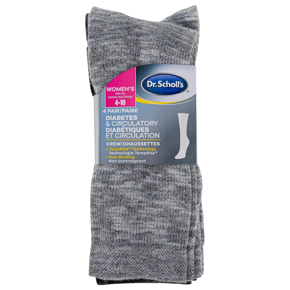 Dr. Scholl's Ladies Diabetic and Circulatory Crew Socks - 4 Pair Pack - soft, non-binding top and with temperature regulating technology, Diabetic socks - Ladies