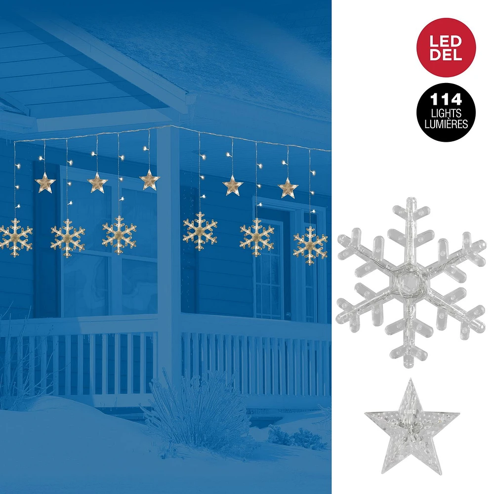 Star and Snowflake Icicle Light String, 114 LED Lights in Warm White