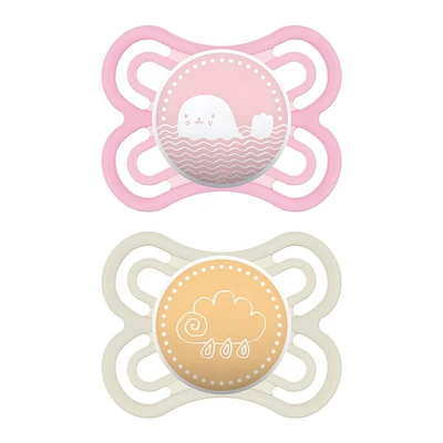 Suces MAM Perfect, Suces pour bébé 0 à 6 mois (emballage de deux), Meilleure suce pour les bébés allaités, Suce orthodontique, Suce pour bébé fille