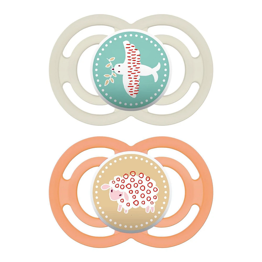 Suces MAM Perfect, suces orthodontiques (emballage de deux), suces MAM 6 mois et plus, meilleure suce pour les bébés allaités, suce pour bébé fille