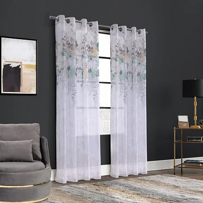 Loft Living Flores Linen-Look Printed Grommet Single Curtain Panel Light-filtering 52" x 95" in Olive Combo