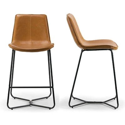 Tan PU Bar Stool, Modern Barstool 26H (Set of 2), Leather PU Upholstered Stool, Black Base, Bar Stool Pub, Chair Kitchen, Island Counter, Restaurants, Caffee Stool.