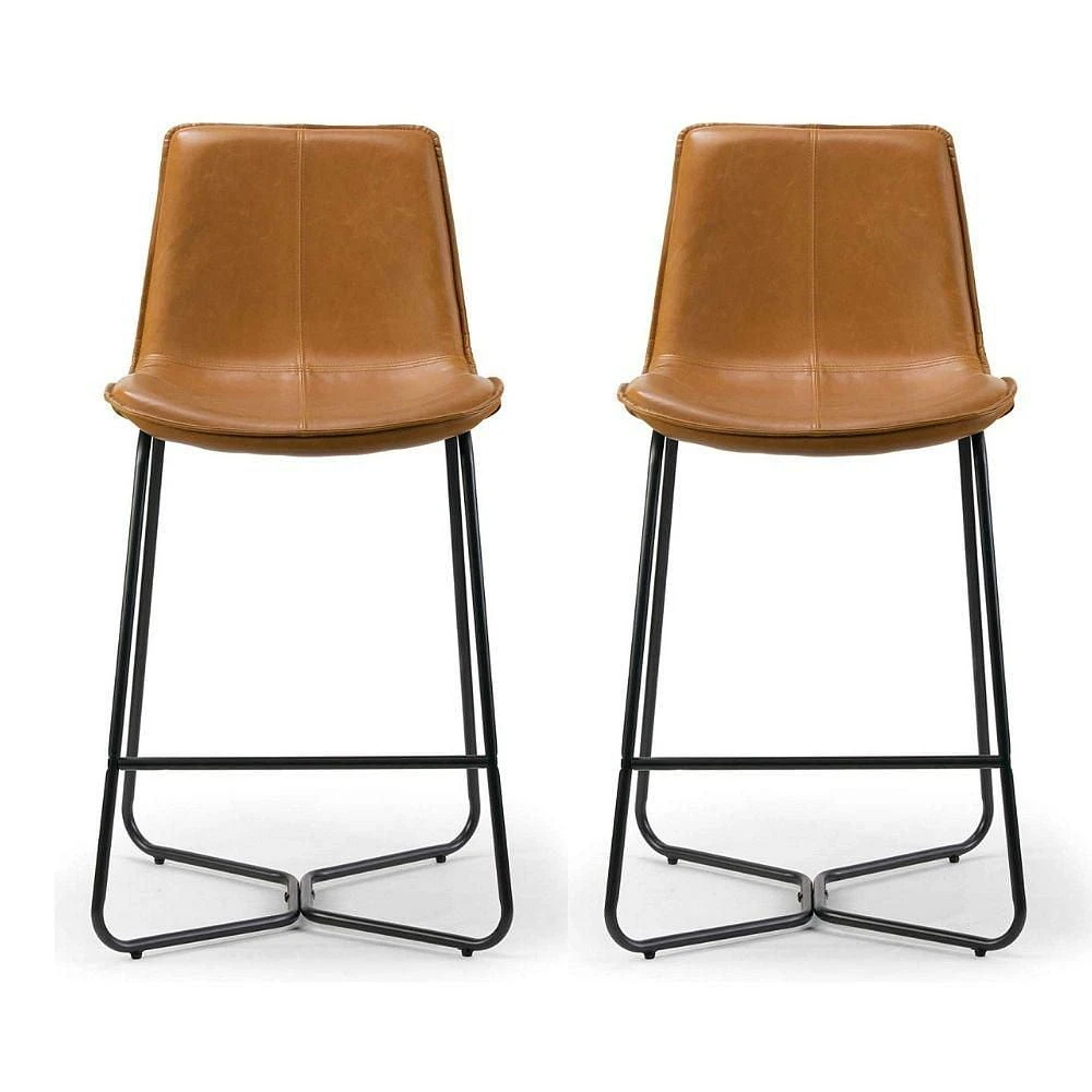 Tan PU Bar Stool, Modern Barstool 26H (Set of 2), Leather PU Upholstered Stool, Black Base, Bar Stool Pub, Chair Kitchen, Island Counter, Restaurants, Caffee Stool.