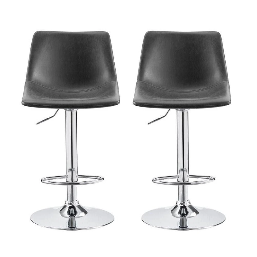 Boomer PU Leather Adjustable Stool in Black, Shiny Chrome Base, Swivel Adjustable Stool for Kitchen Island Stool Set 2