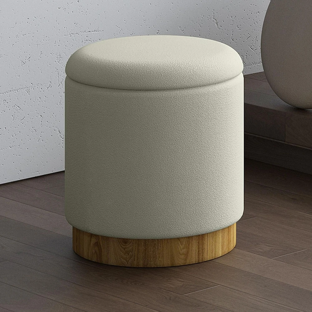 Modern  Fabric Round Storage Ottoman - White & Natural