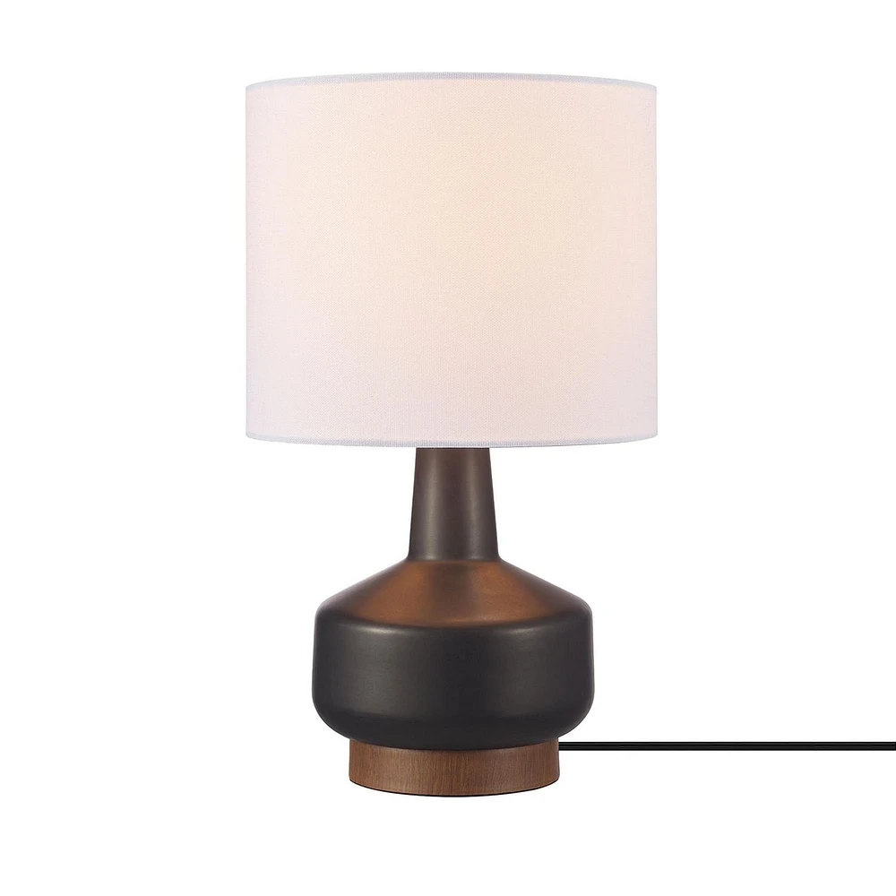 15" Matte Black Ceramic Table Lamp with Wood Toned Base and White Linen Shade