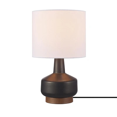 15" Matte Black Ceramic Table Lamp with Wood Toned Base and White Linen Shade