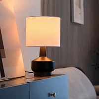 15" Matte Black Ceramic Table Lamp with Wood Toned Base and White Linen Shade