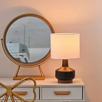 15" Matte Black Ceramic Table Lamp with Wood Toned Base and White Linen Shade