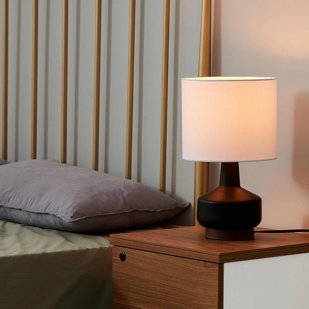 15" Matte Black Ceramic Table Lamp with Wood Toned Base and White Linen Shade