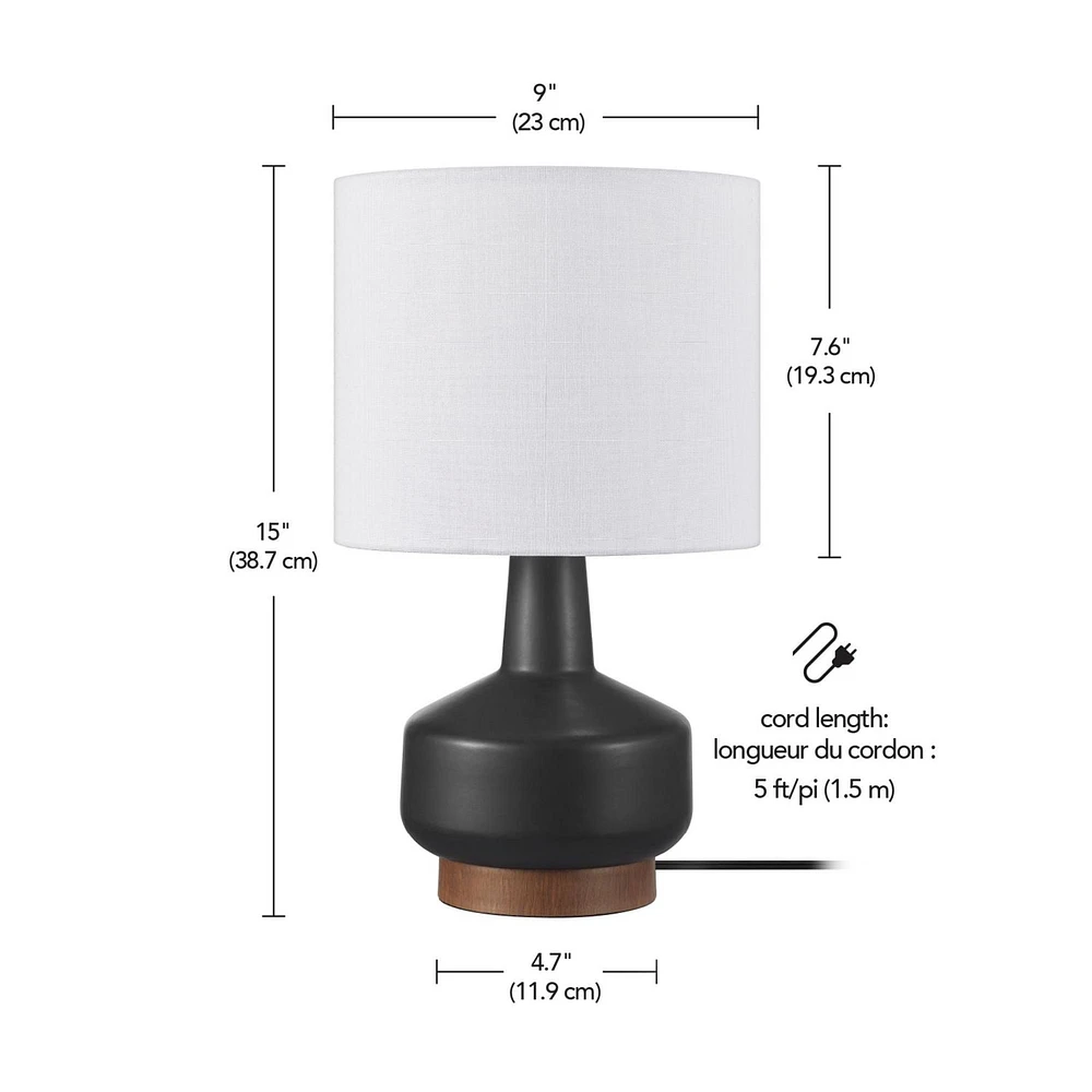 15" Matte Black Ceramic Table Lamp with Wood Toned Base and White Linen Shade