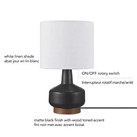 15" Matte Black Ceramic Table Lamp with Wood Toned Base and White Linen Shade