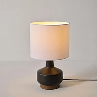 15" Matte Black Ceramic Table Lamp with Wood Toned Base and White Linen Shade