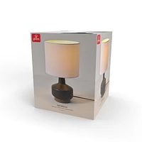 15" Matte Black Ceramic Table Lamp with Wood Toned Base and White Linen Shade