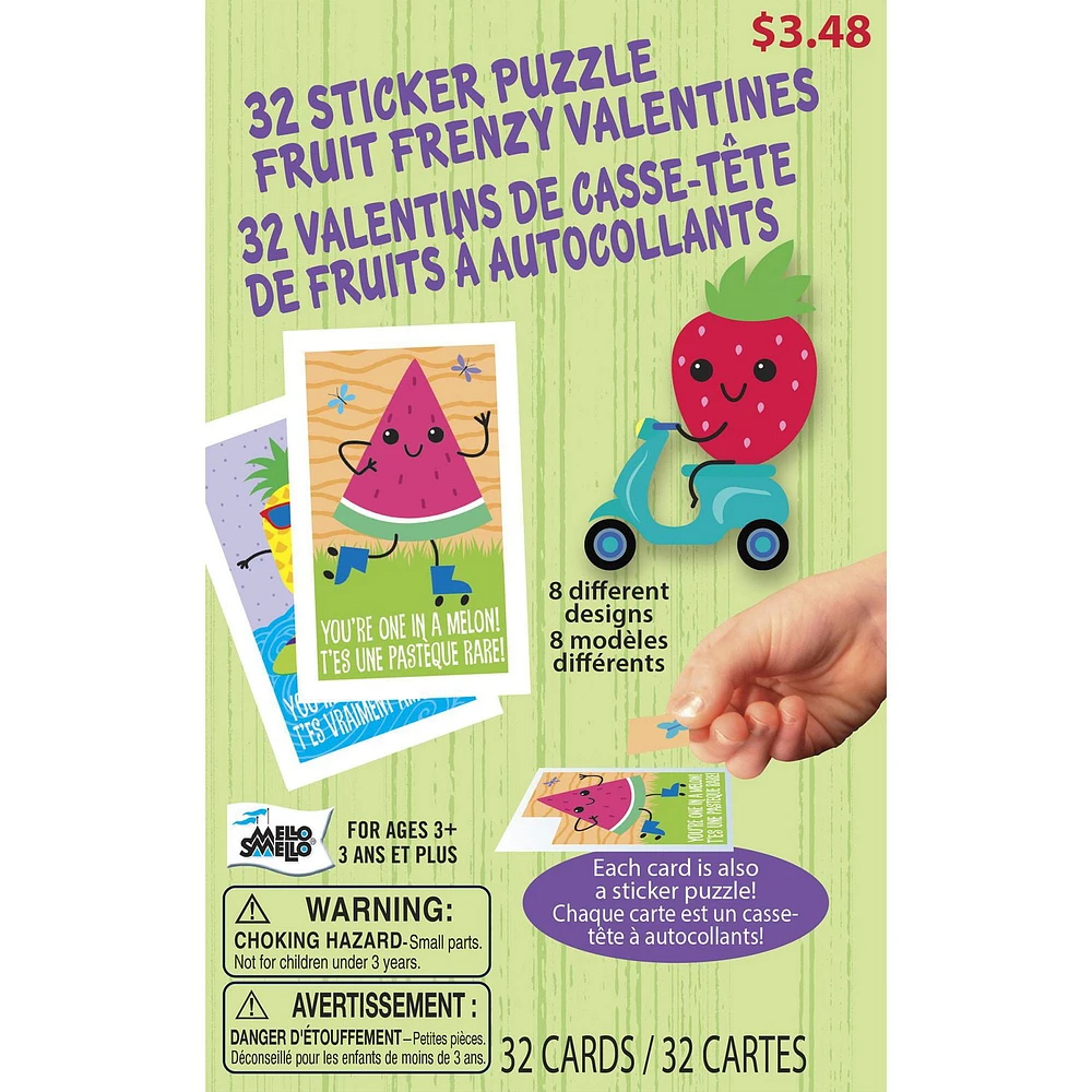 Mello Smello Valentine's Day Fruit Frenzy Sticker Puzzle Valentines Kiddie Cards, 32 CT