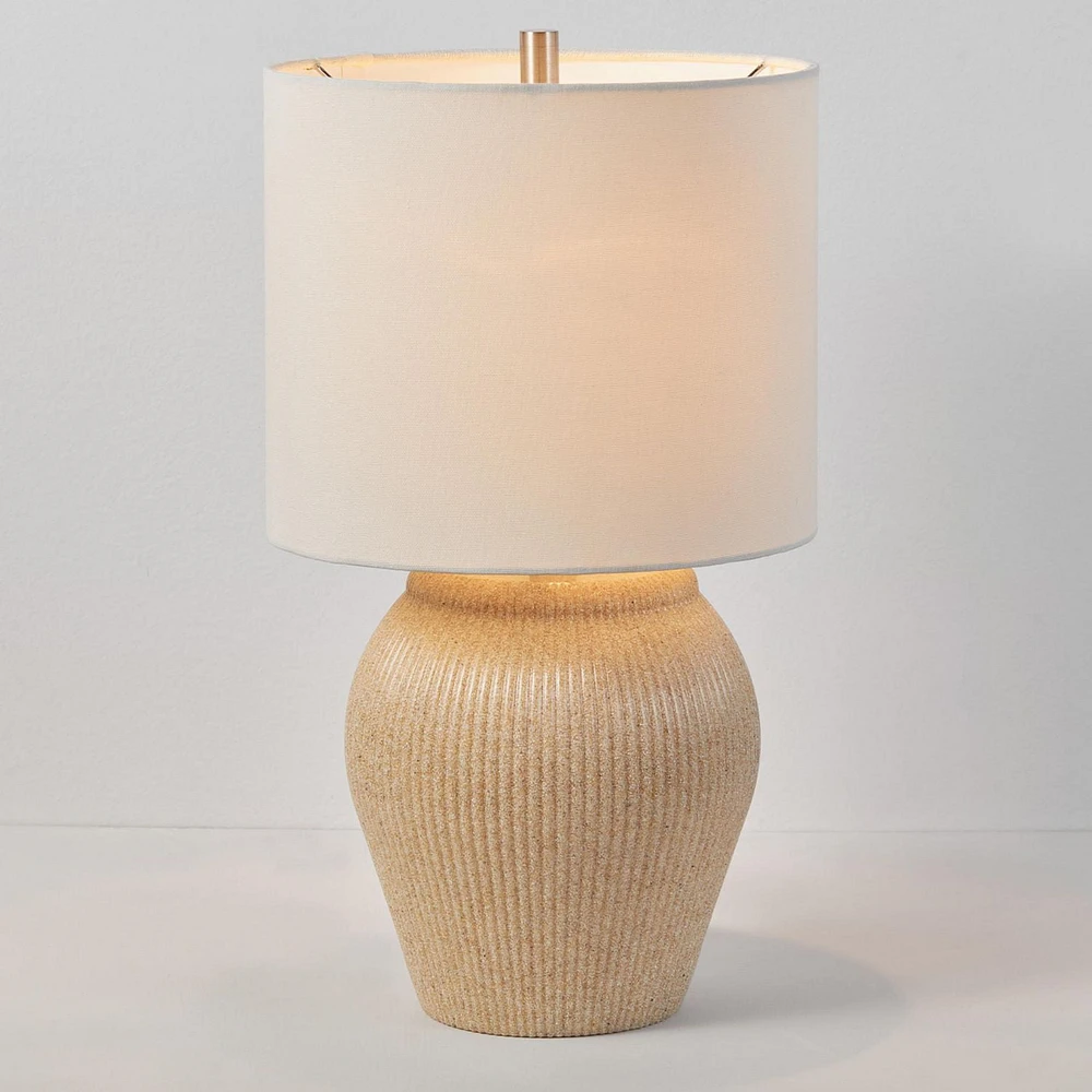 18" Soft Beige Ceramic Table Lamp with White Linen Shade