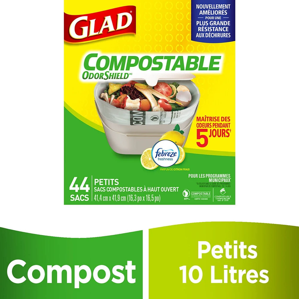 Glad Certified Compostable Bags - Small 10 Litres -, Lemon scent, 44 Compost Bags