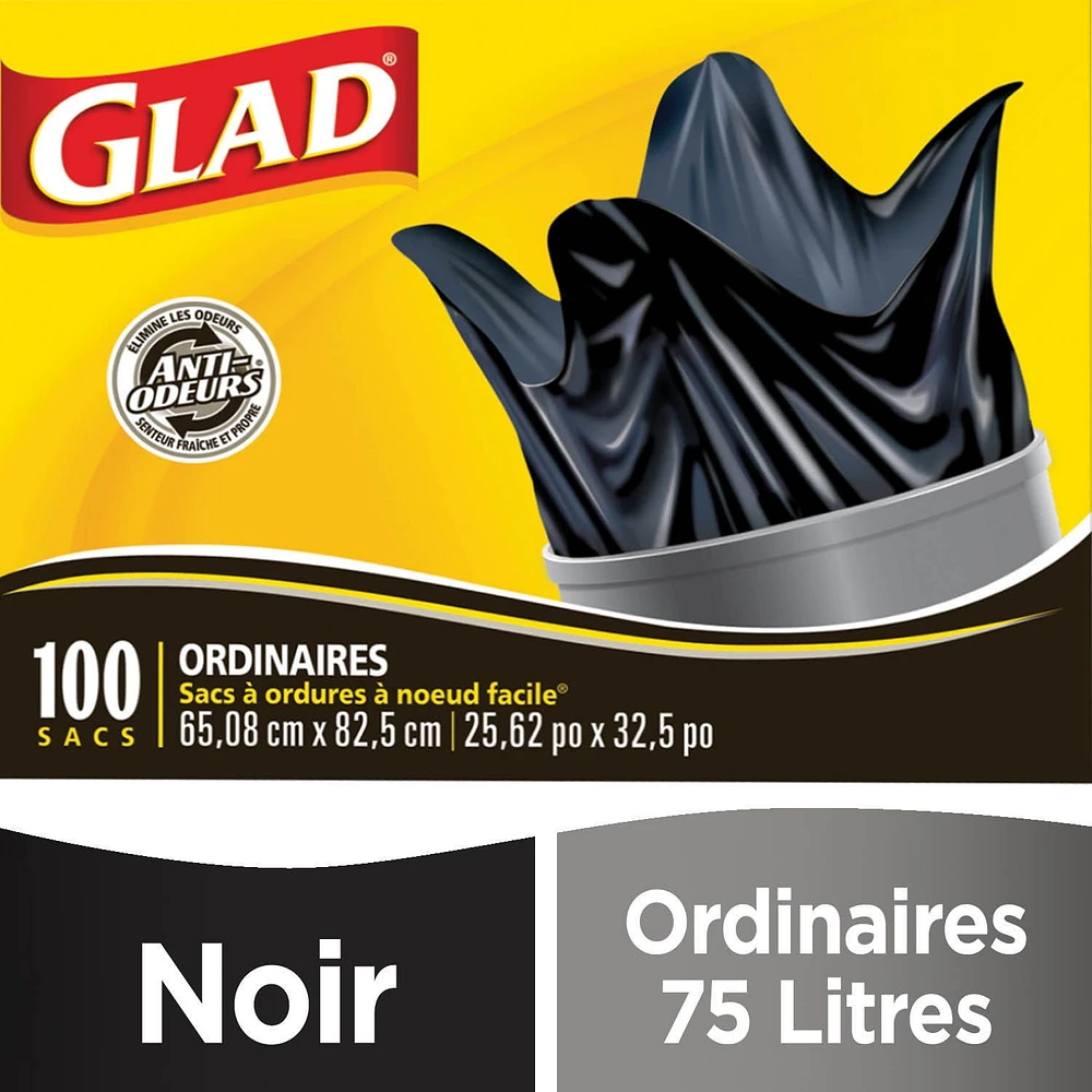 Glad Black Garbage Bags - Regular 74 Litres, - Value Pack, 100 Trash Bags