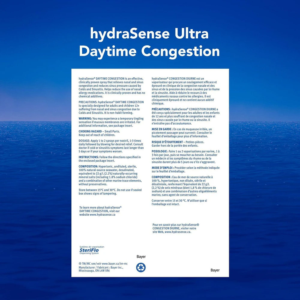 hydraSense Daytime Congestion Nasal Spray - Ultra Nasal Congestion Relief Saline Spray, 100 mL