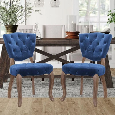 Lou Velvet Dining Chair in Blue with wood frame and rubber wood legs, Vintage finish, tufted upholstery Set 2