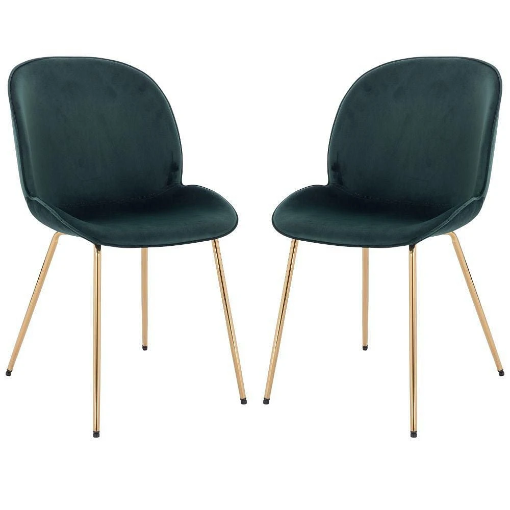 Upholstered Velvet Chair in Green with gold legs Set 2