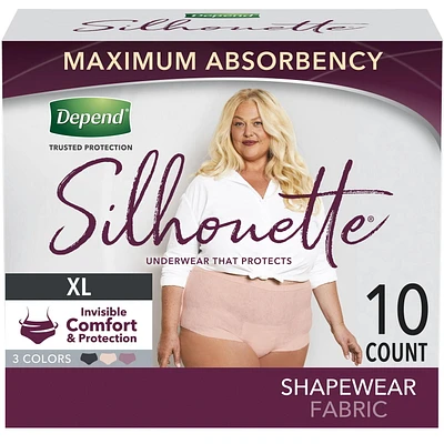 Depend Silhouette Adult Incontinence Underwear for Women, Maximum Absorbency, XL, Pink/Black/Berry, 10 Count