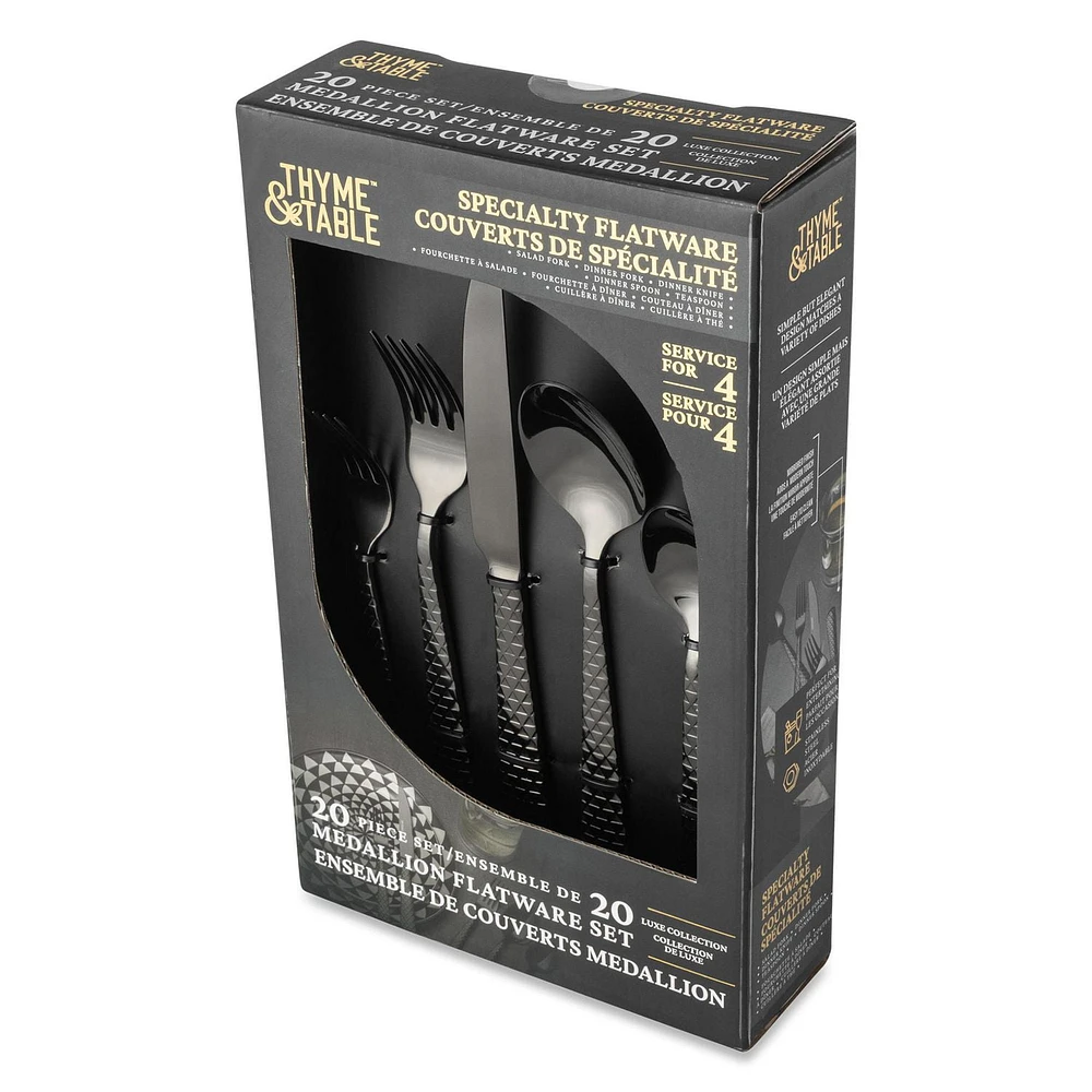 Thyme & Table 20-Piece Stainless Steel Black Medallion Flatware Set, Luxe Collection, Flatware