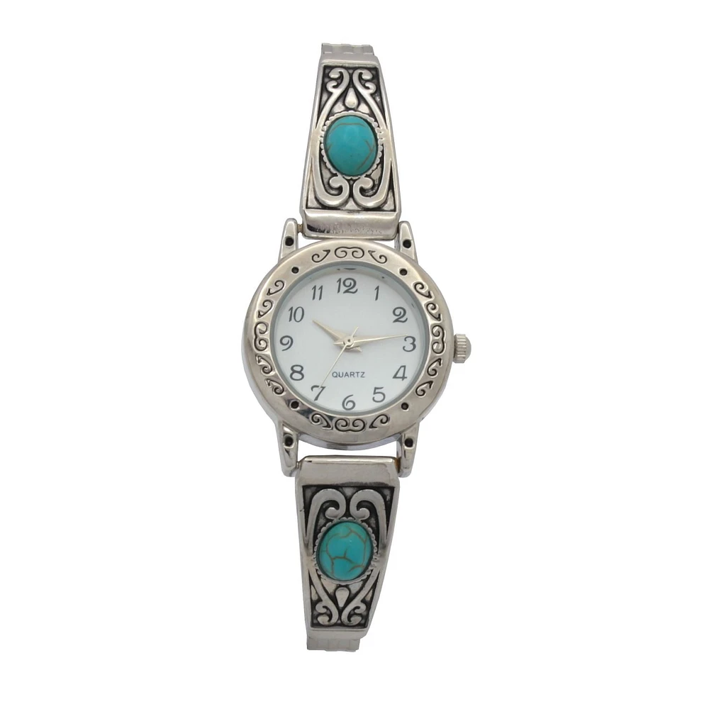 Montre-bracelet demi jonc pour femmes, finition antique, avec pierre turquoise sur le bracelet