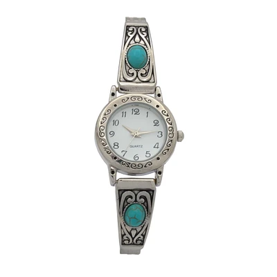Montre-bracelet demi jonc pour femmes, finition antique, avec pierre turquoise sur le bracelet