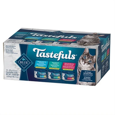Blue Buffalo Tastefuls Thon, poulet et poisson/crevettes en sauce en flocons pour chat adulte, paquet varié de nourriture humide 12x85g