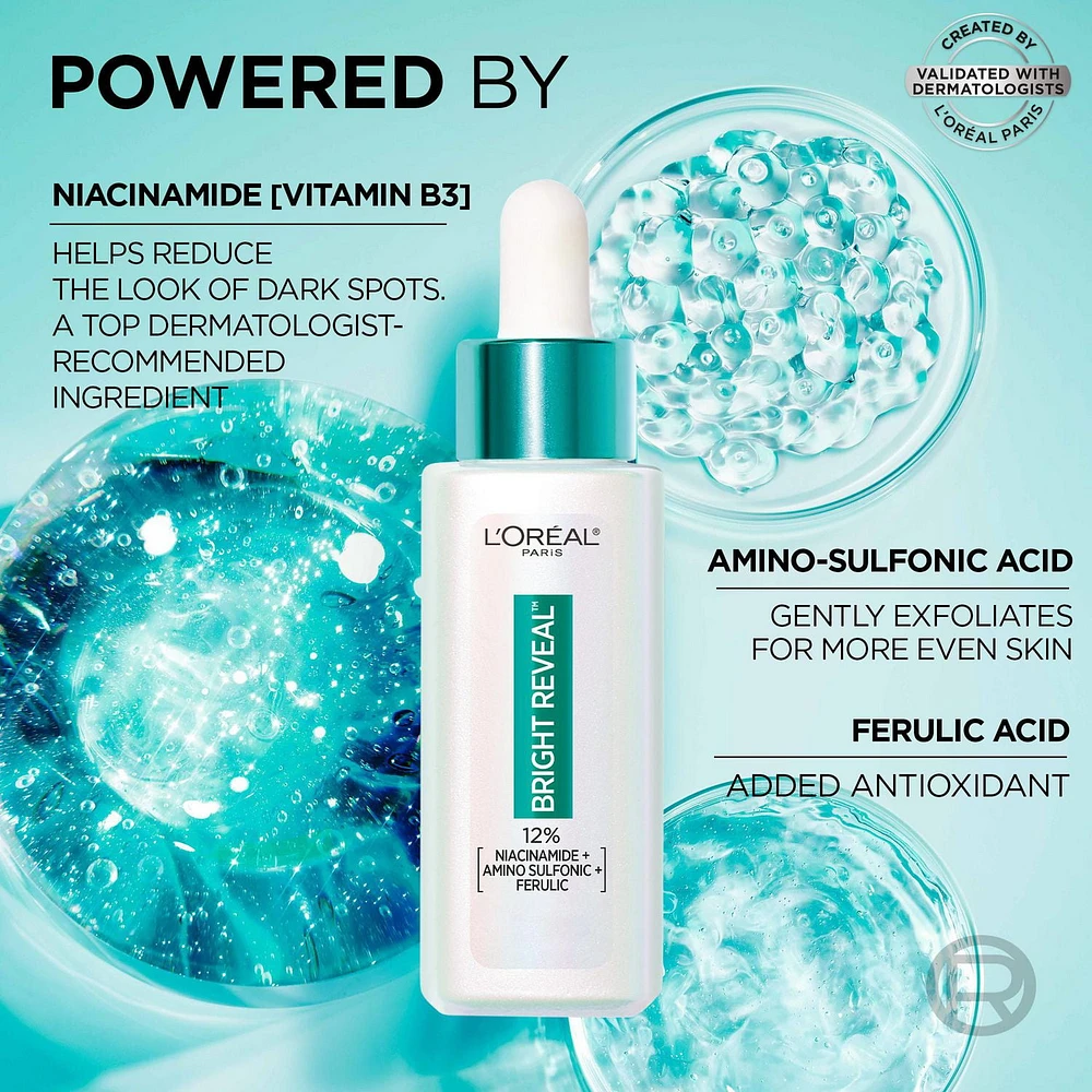 L'Oréal Paris Bright Reveal Sérum Taches Brunes, avec 12% Niacinamide + Acide Amino Sulfonique + Acide Ferulique, 30ml Sérum Taches Brunes Bright Reveal, 30ml