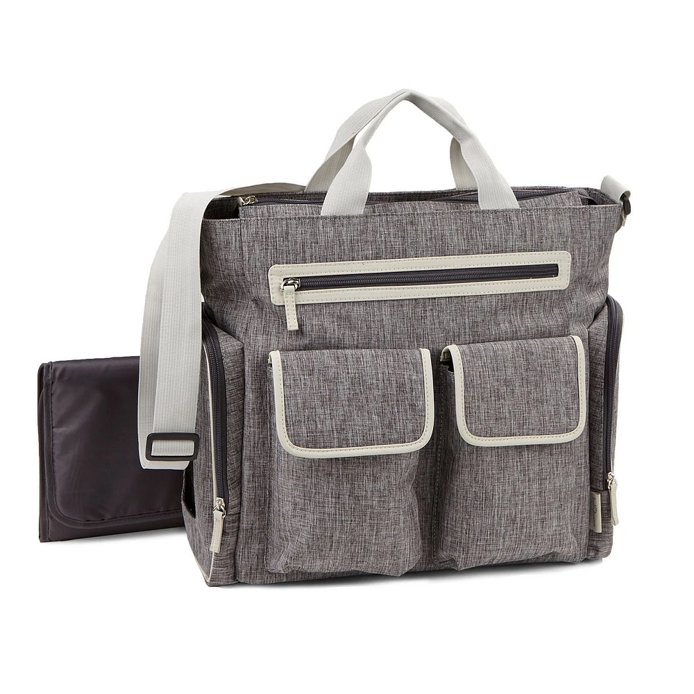 Baby Boom Insulated Side Bottle Pocket & Wipes Case Places & Spaces Satchel Diaper Bag - Grey Cross hatch/Cream, Includes wipes case