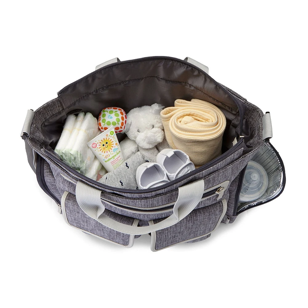 Baby Boom Insulated Side Bottle Pocket & Wipes Case Places & Spaces Satchel Diaper Bag - Grey Cross hatch/Cream, Includes wipes case