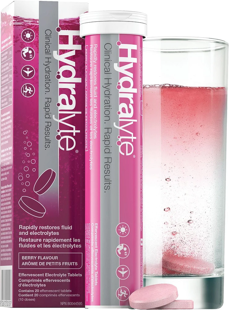 Comprimés effervescents d’électrolytes Hydralyte - Arôme de petits fruits 20 Comprimés solubles (10 portions) 20 Comprimés