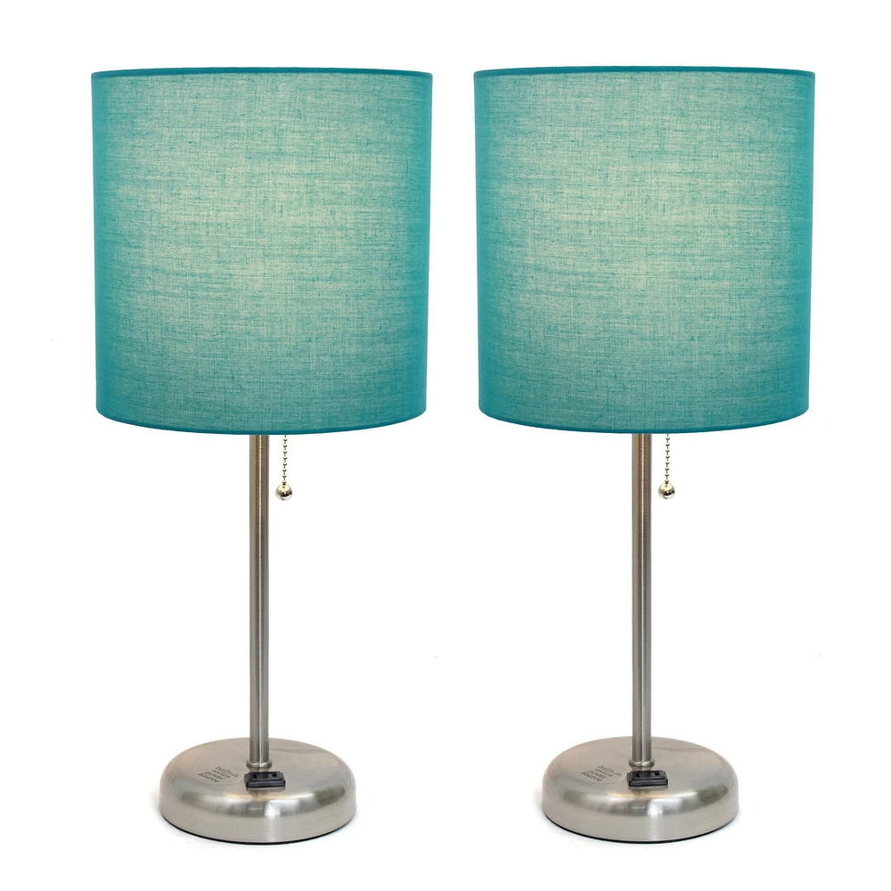 LimeLights Brushed Steel Stick Lamp with Charging Outlet and Fabric Shade 2 Pack Set