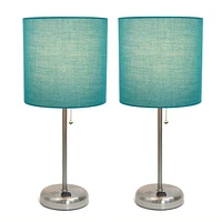 LimeLights Brushed Steel Stick Lamp with Charging Outlet and Fabric Shade 2 Pack Set