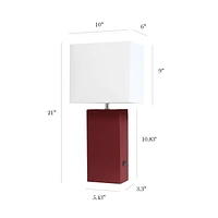 Elegant Designs Modern Leather Table Lamp with USB and White Fabric Shade