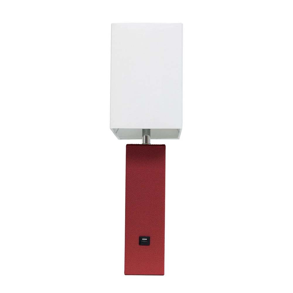 Elegant Designs Modern Leather Table Lamp with USB and White Fabric Shade