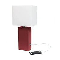 Elegant Designs Modern Leather Table Lamp with USB and White Fabric Shade