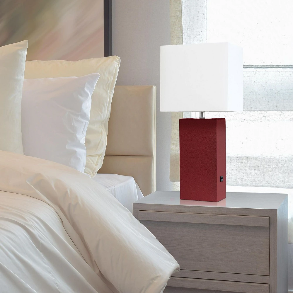 Elegant Designs Modern Leather Table Lamp with USB and White Fabric Shade