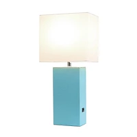 Elegant Designs Modern Leather Table Lamp with USB and White Fabric Shade