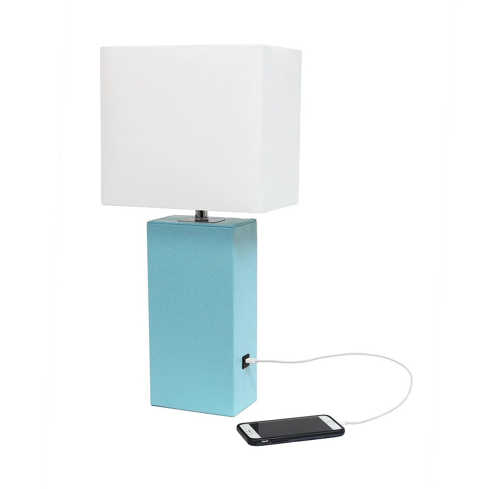 Elegant Designs Modern Leather Table Lamp with USB and White Fabric Shade