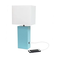 Elegant Designs Modern Leather Table Lamp with USB and White Fabric Shade