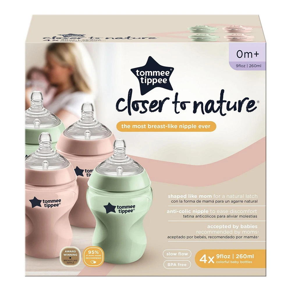 Tommee Tippee Closer to Nature Baby Bottles, Breast-Like Nipples with Anti-Colic Valve, 9oz, 4 Count