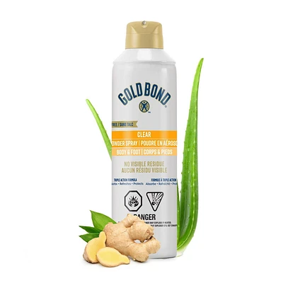 Gold Bond Clear Poudre en aérosol pour le corps, aérosol de 198 g, sans dégât, sans talc, élimine les odeurs et absorbe l'humidité, avec des extraits d'aloès et de gingembre pour rafraîchir, protèger et absorber, parfum frais 198g