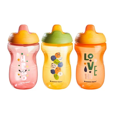 Tommee Tippee Sippee Cup, Water Bottle for Toddlers, Spill-Proof, 10oz, 9m+, Pack of 3, Pink, Orange and Red