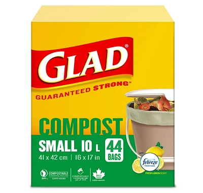 Sacs certifiés compostables de Glad, boîte de 44 petits sacs de compostage de 10 L au parfum de citron