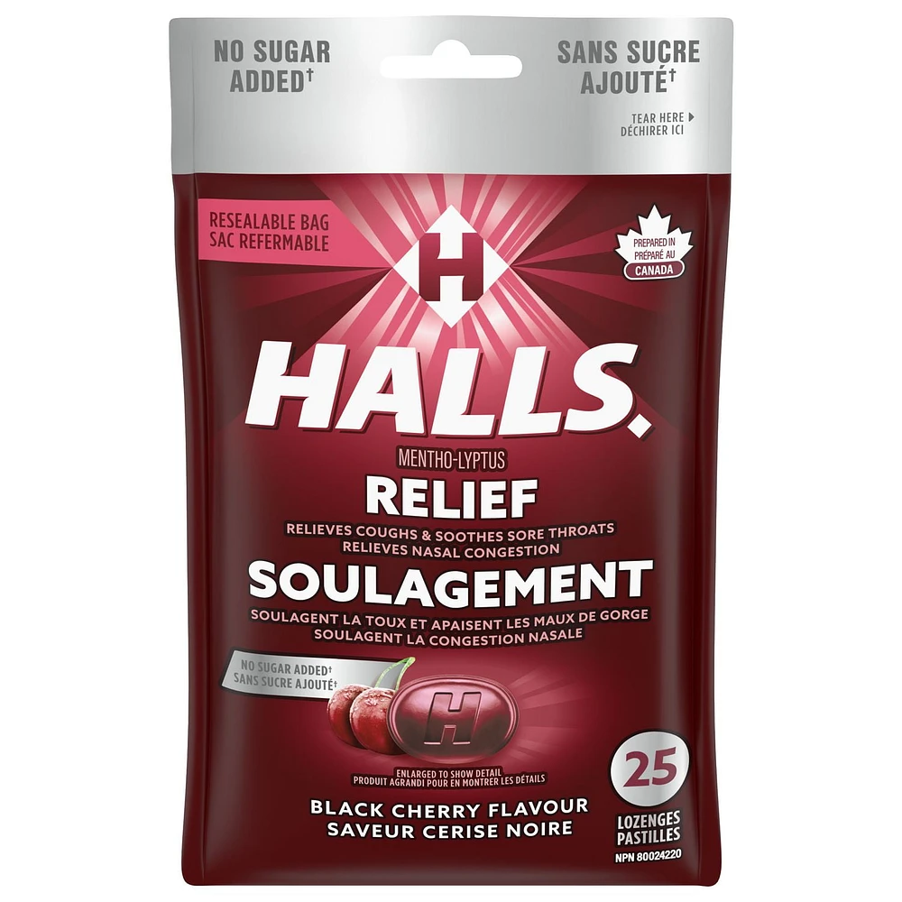 HALLS No Sugar Added, Black Cherry Flavour Cough Drops, Throat Lozenges, Sore Throat Relief, Mentho-Lyptus, 25 Lozenges